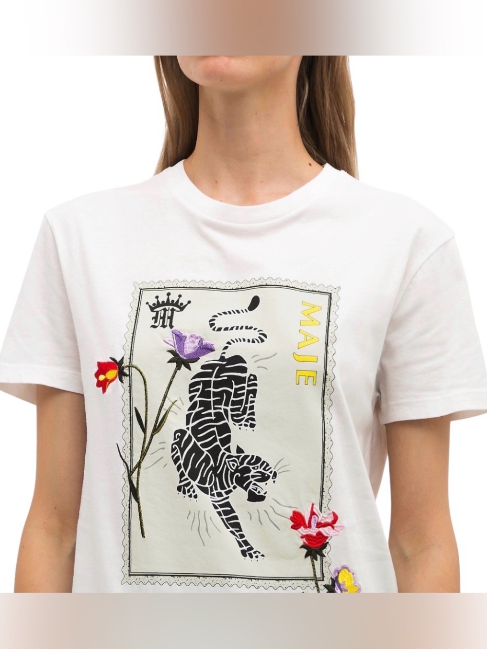 🐅 Maje White Tee with Black Tiger Stamp and Floral Embroidery SZ 1 / SM🥀 - Picture 4 of 17
